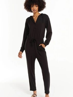 Z Supply Women's Black Hooded Jumpsuit with Drawstring Waist